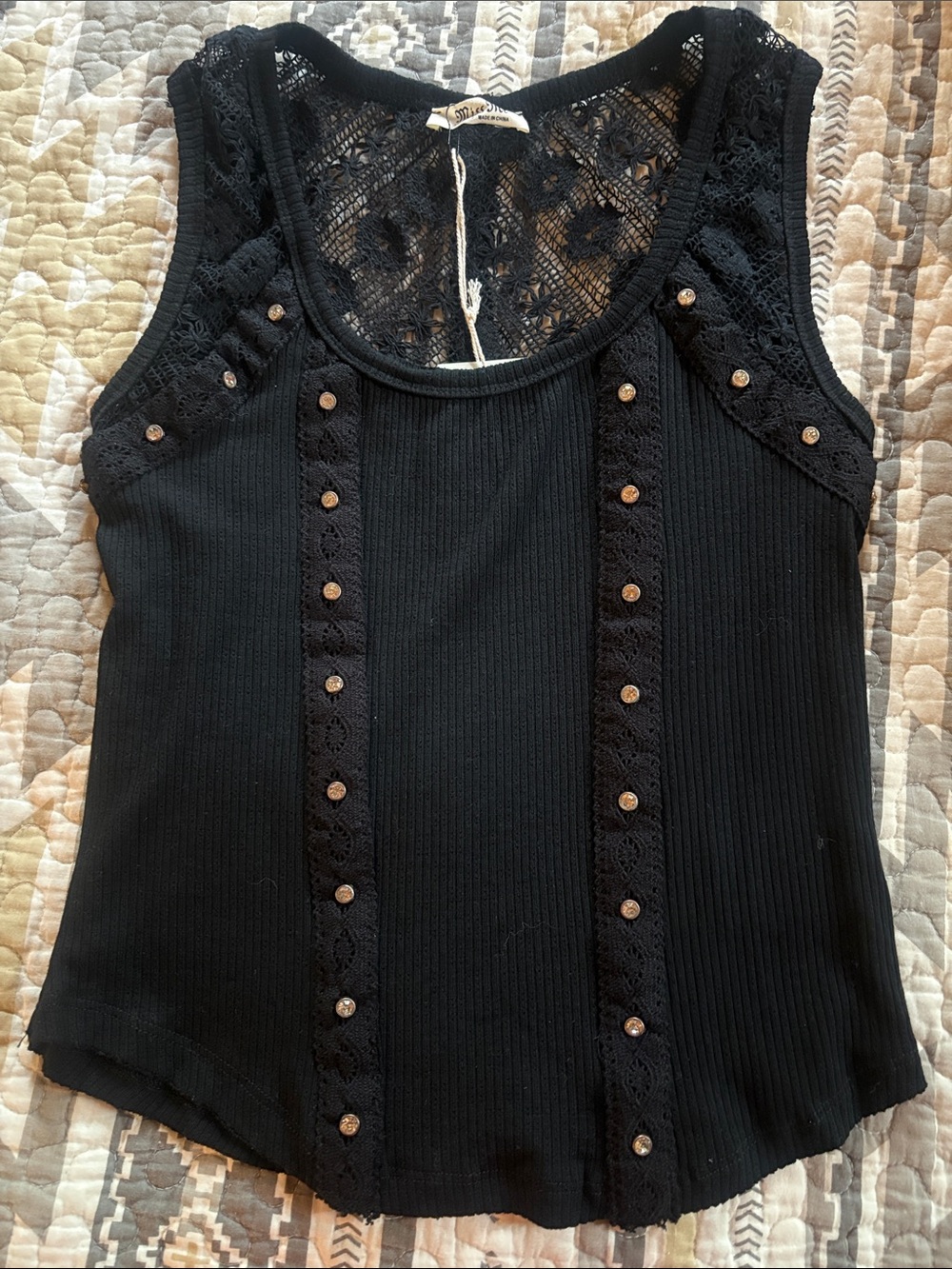 BNWT by Miss Me Boot Barn Black Lace-Trim Ribbed Rhinestone Studded Tank Top  Lg